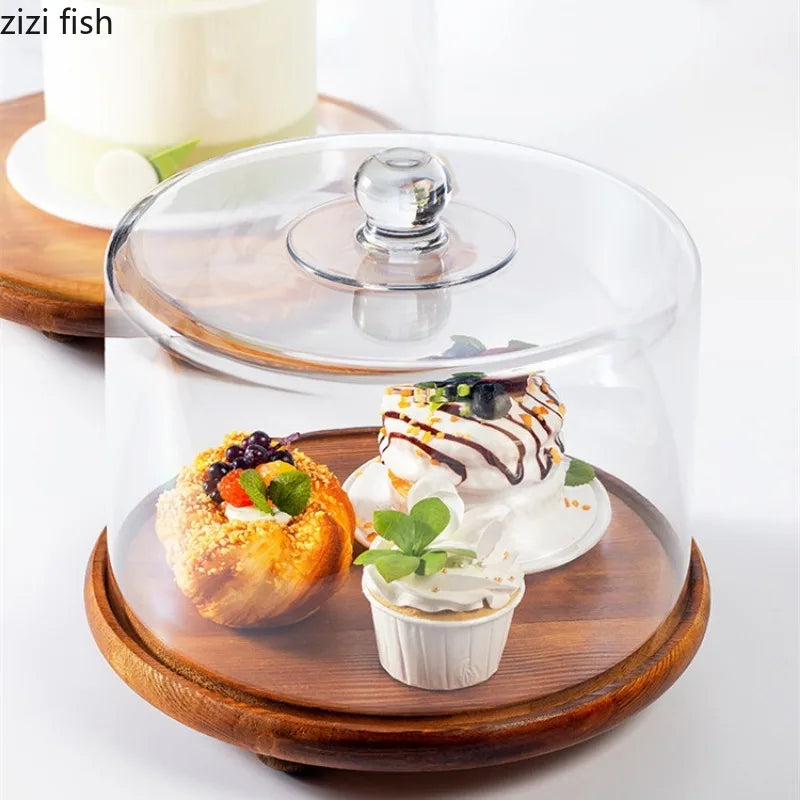 Axya Acrylic Cake Stand with Melamine Tray and Wooden Base for Desserts Display