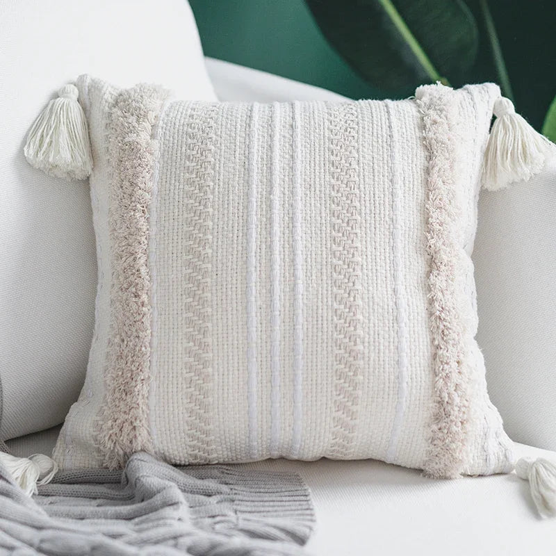 Ivory Tassel Cushion Cover - Moroccan Style Tuft - Axyaa Brand