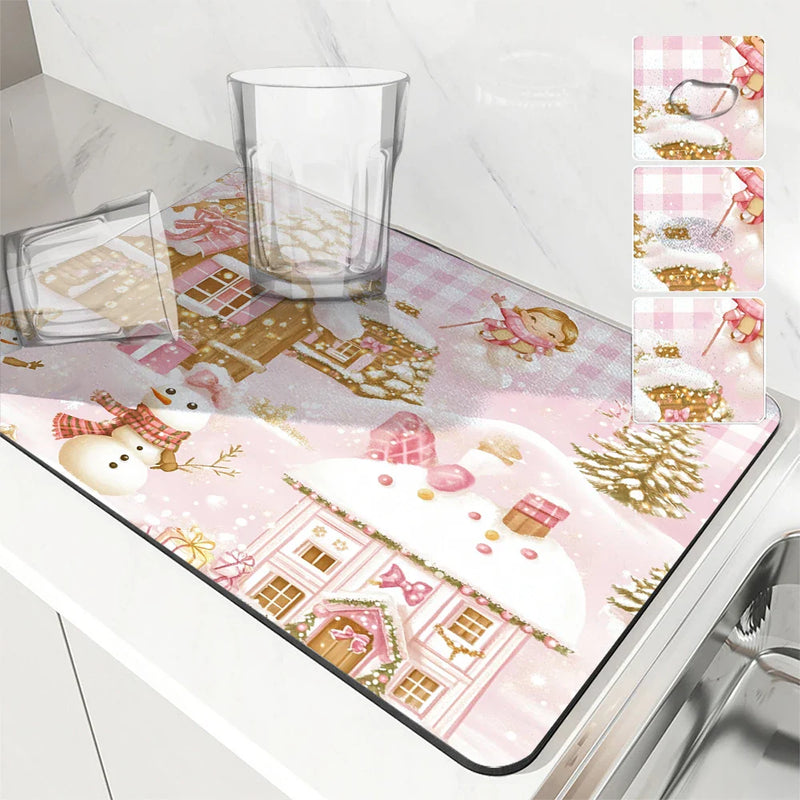 Axyaa Christmas Pink House Absorbent Drying Mat