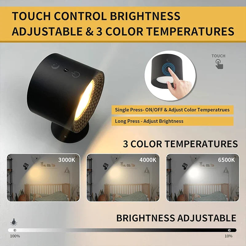 Axyaa Wireless Wall Lamp Touch Control Remote 360 Rotatable USB Recharge Night Light