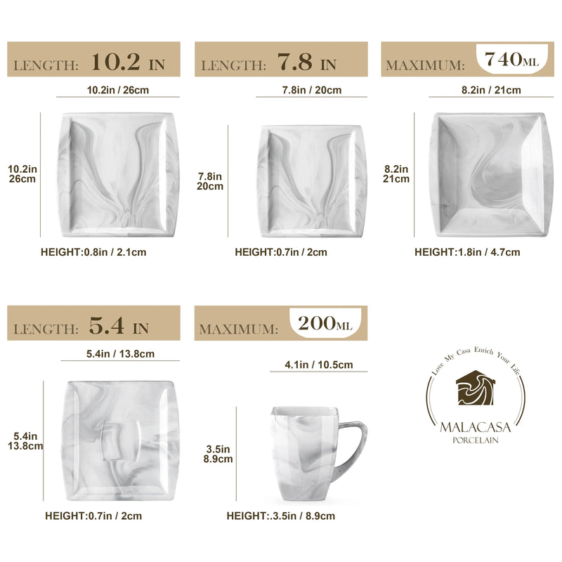 Axya Blance Marble Grey Porcelain Tableware Set for 12