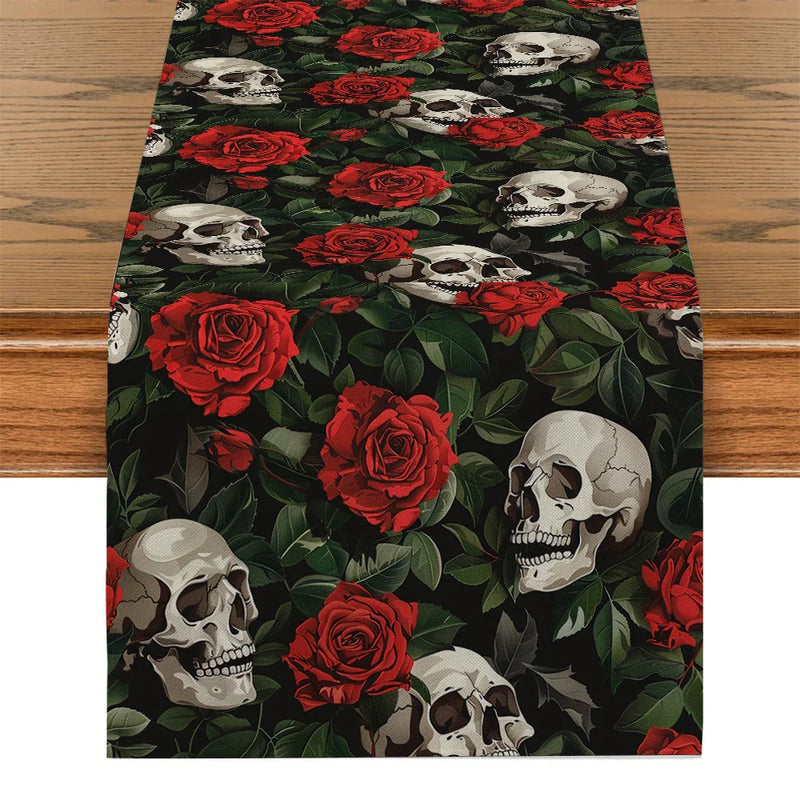 Axyaa Skull Rose Table Runner: Washable, Indoor Outdoor Dining Decoration
