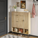 Axyaa Fluted Shoe Cabinet with 2 Flip Drawers, Beige Slim Shoe Storage