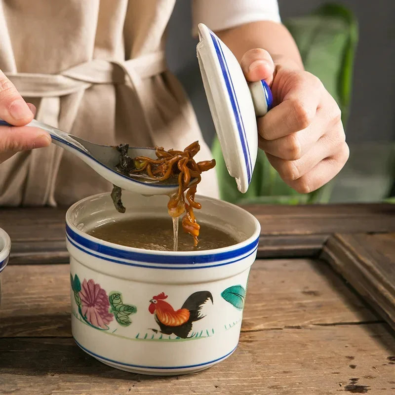 Axya Ceramic Rooster Soup Cup with Lid, Waterproof Dessert Cup for Hotel & Restaurant