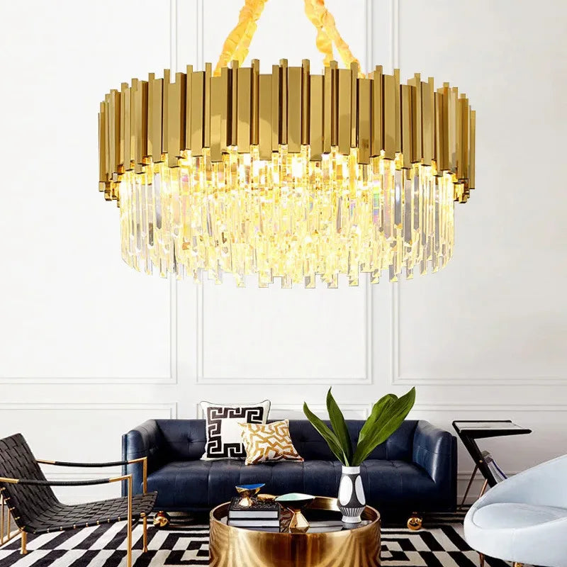 Axyaa Shiny Gold Crystal Chandelier LED Pendant Lights - Modern Luxury Living Room Decor