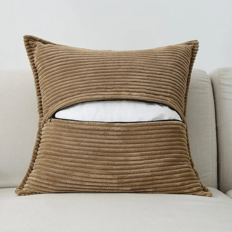 Axyaa Soft Corduroy Striped Border Throw Pillow Covers 18x18 Inch