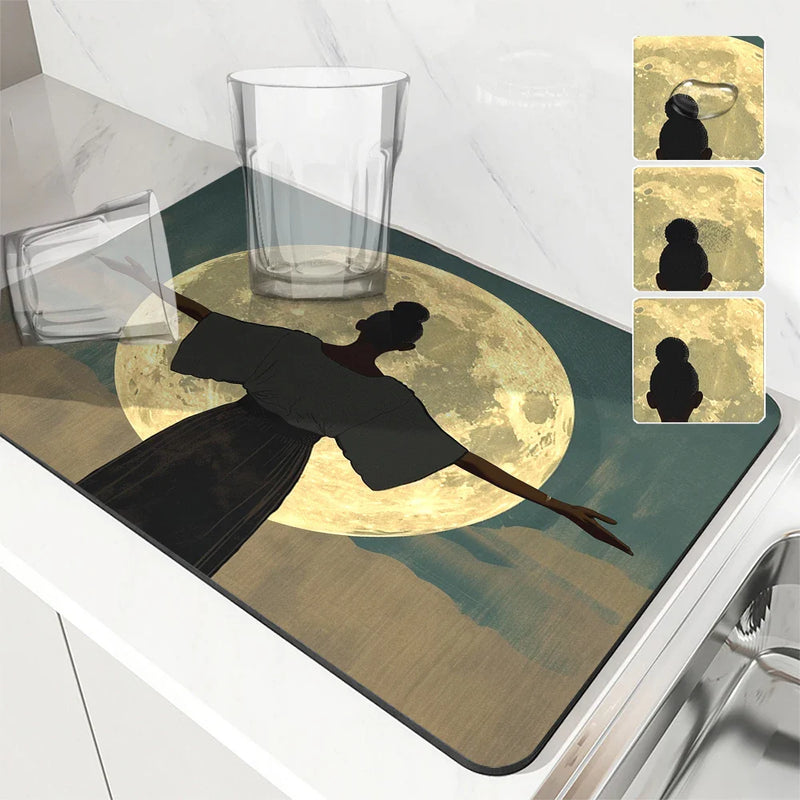 Axyaa Diatom Mud Kitchen Drain Pads - African Woman Design Absorbent Tableware Draining Mat