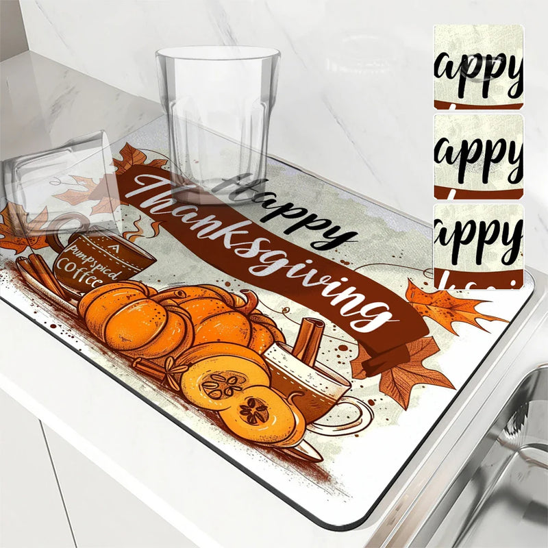 Axyaa Pumpkin Coffee Kitchen Absorbent Mat, Antiskid & Quick Drying Drain Pad