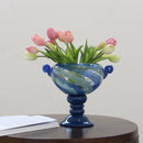 Axyaa Blue Striped Glass Vase - Tall Transparent Flower Pot for Home Decoration