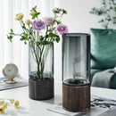 Axyaa Nordic Glass Vase with Wooden Base for Elegant Living Room Décor and Floral Display