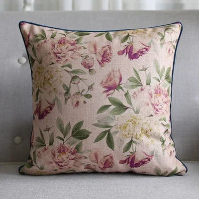Axyaa Soft Velvet/Cotton Linen Cushion Cover Shabby Chic Floral Pink Blue 45x45cm
