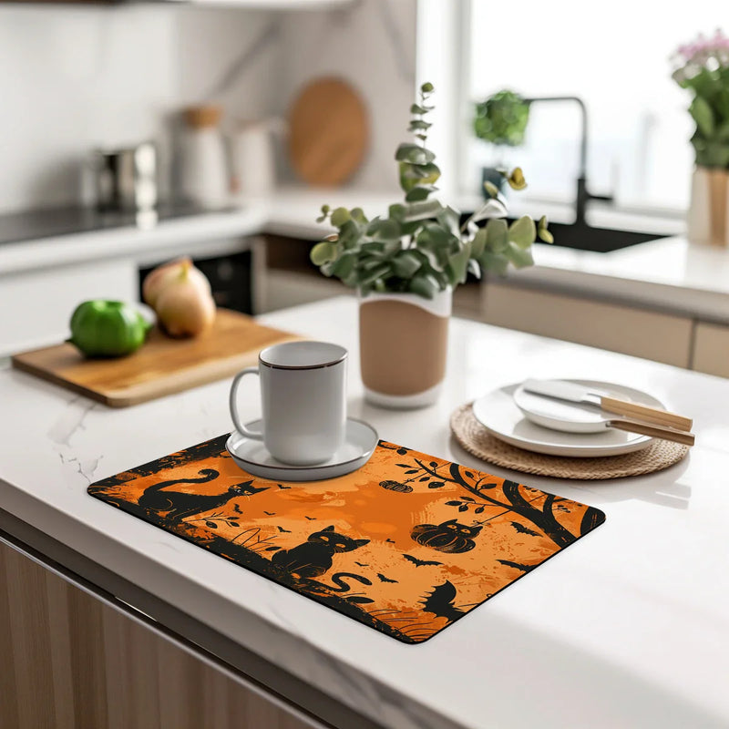 Axyaa Halloween Bat Owl Watercolor Drying Mat Black Absorbent Kitchen Mats