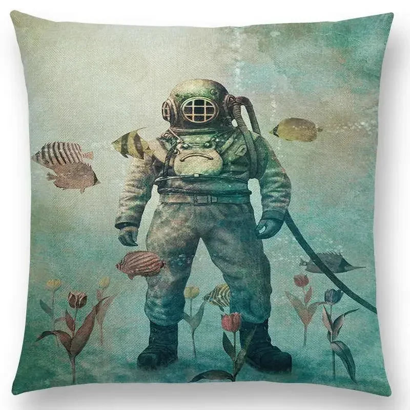 Cute Ghost Sailboat Whale Diver Cushion Cover by Axyaa