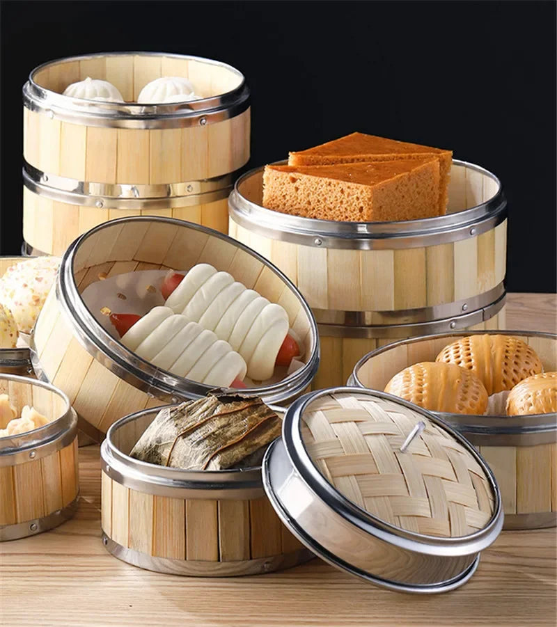Axya Bamboo Steamer Basket with Stainless Steel Banding - Bun Dumplings DimSum Cage