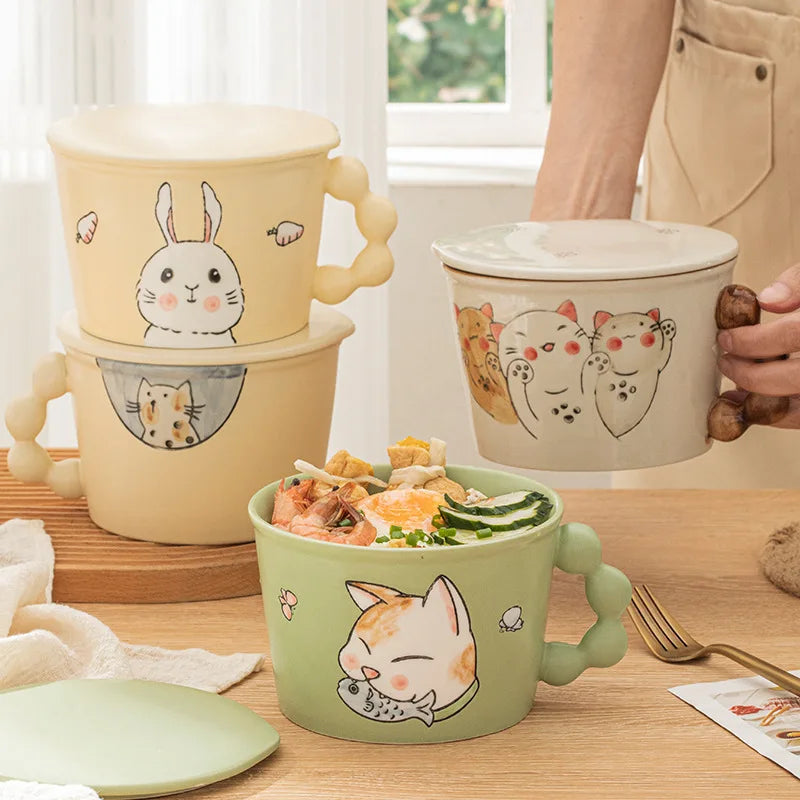 Axya Cat Cartoon Ceramic Instant Noodle Bowl with Cover - High Appearance Level