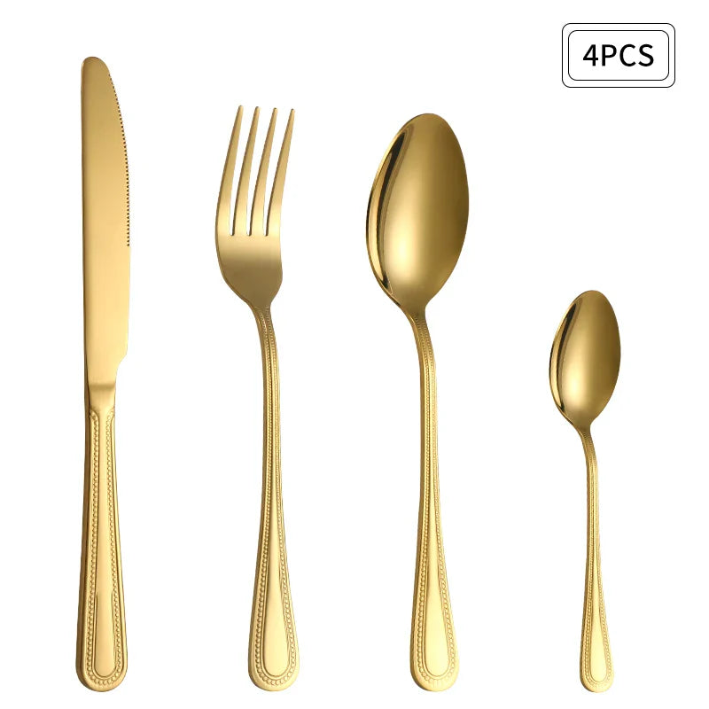 Axyaa 24pc Gold Stainless Steel Cutlery Set - Retro Style for Kitchen & Restaurant