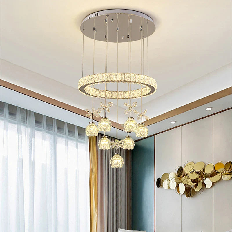 Axyaa Crystal Petal Ceiling Chandelier: Modern Round Chrome Hanging Light Fixture