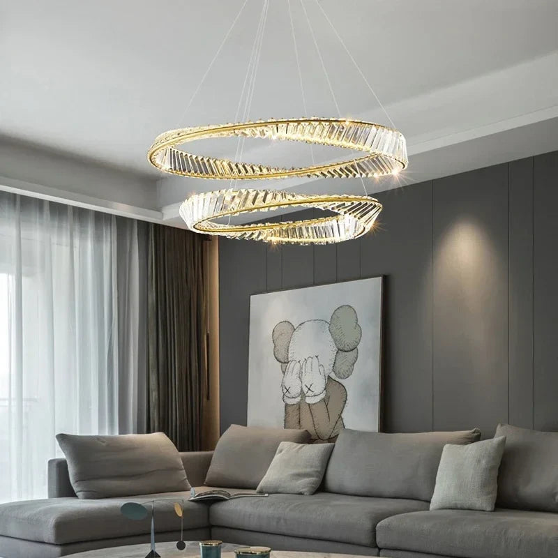 Axyaa Crystal LED Pendant Chandelier for Living and Bedroom, Modern Luxury Gold Lighting