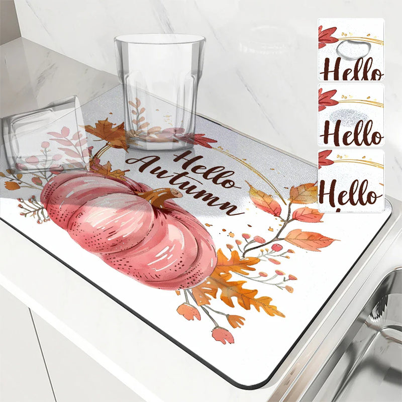 Drying Mat for Fall Vibes: Autumn Truck & Pumpkin Non-Slip Absorbent Mat by Axyaa