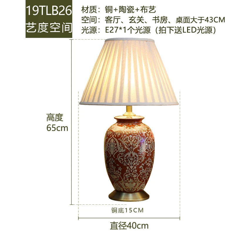 Axyaa Chinese Style Red Ceramic Table Lamp for Bedroom and Living Room