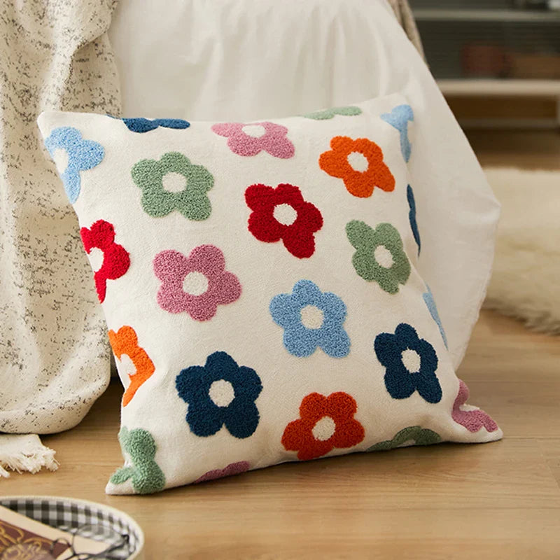 Chic Daisy Dandelion Embroidery Cushion Cover by Axyaa