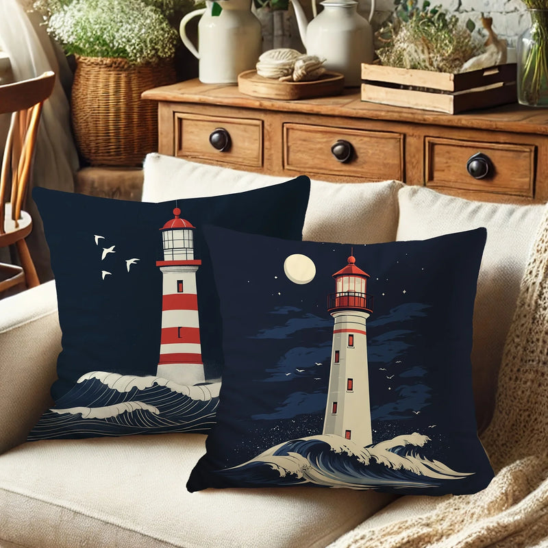 Nautical Coastal Velvet Pillow Covers Set - Lighthouse, Sailboat & Ocean Wave Designs