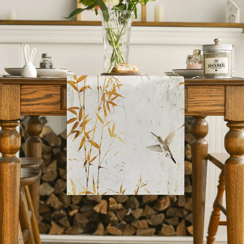 Axyaa Bamboo Leaves Hummingbird Table Runner - Farmhouse Dining Wedding Party Decor