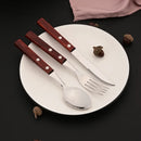 Axyaa Red Silver Stainless Steel Cutlery Set with Wood Handle - 16/24Pcs