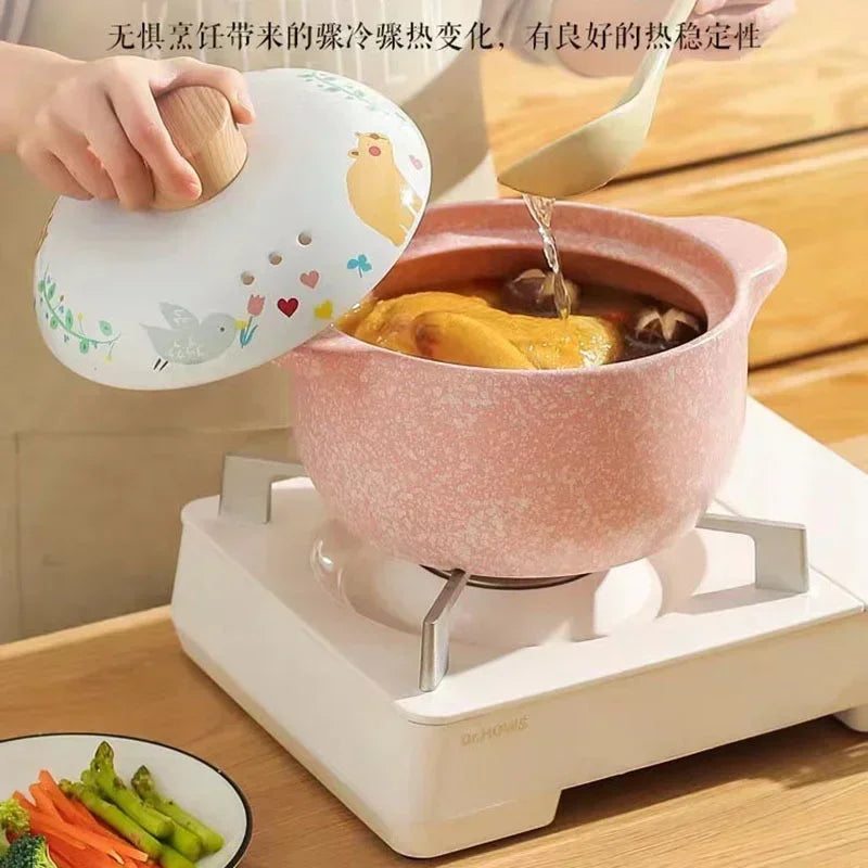 Axya Ceramic Casserole Korean Cartoon Soup Pot Cute Pink Cookware Utensils for Home Kitchen