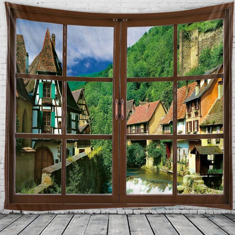 Axyaa 3D Window View Tapestry - Boho Style Wall Decor for Home, Bedroom, Dorm