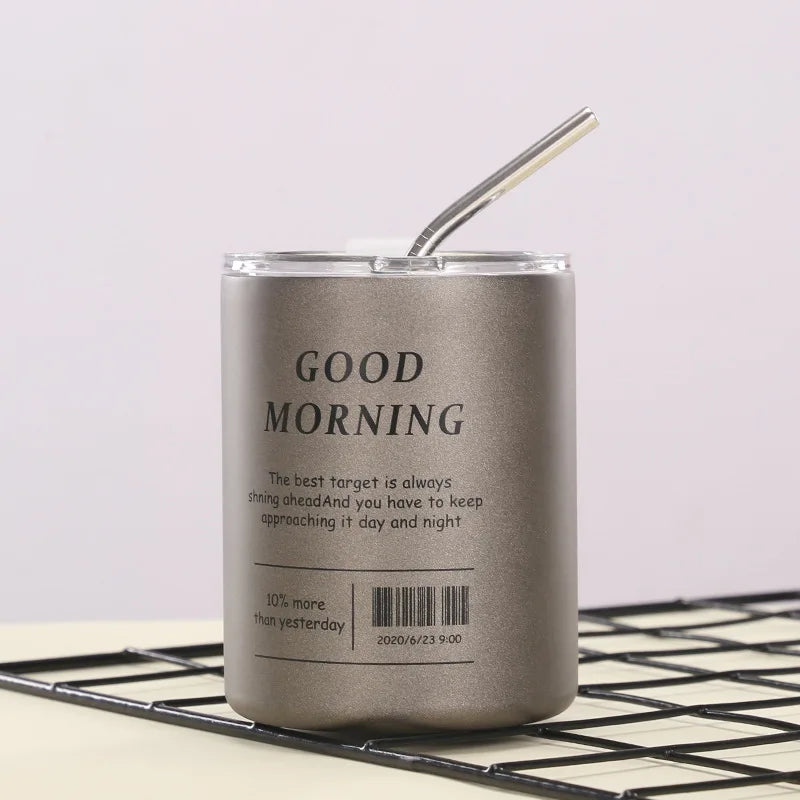 Axyaa Stainless Steel Double-layer Coffee Cup with Straw