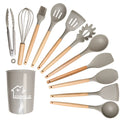 Axyaa 12PCS Silicone Kitchen Utensils Set with Wooden Handle - Non-Stick Cookware & Egg Beaters
