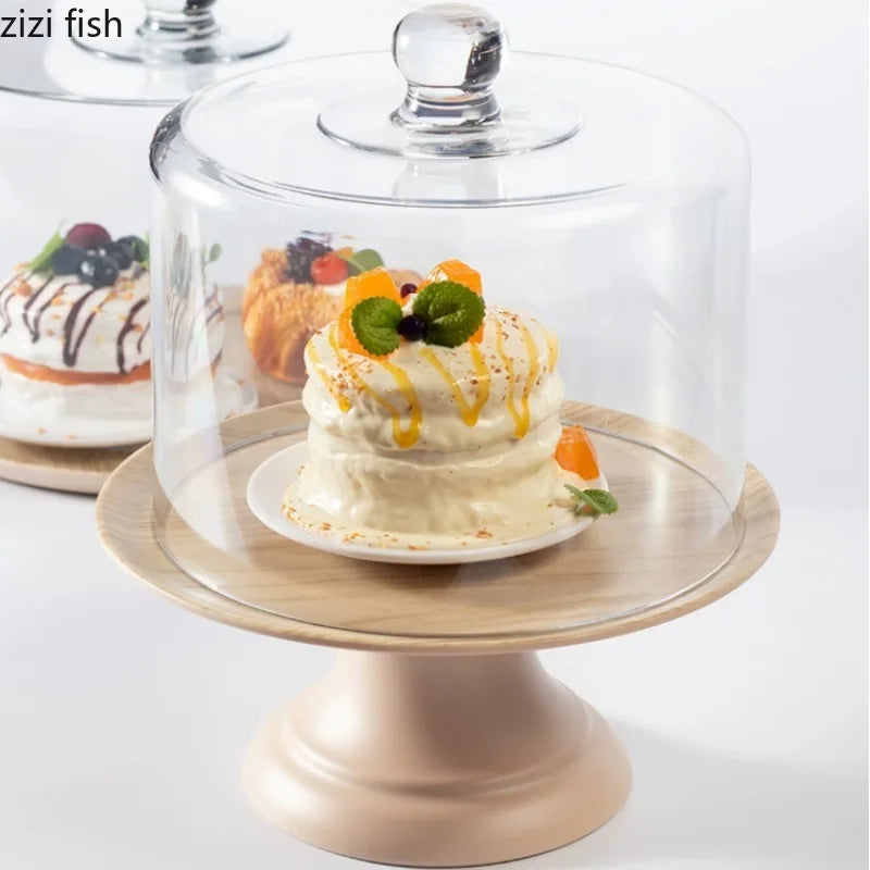 Axya Acrylic Cake Stand with Melamine Tray and Wooden Base for Desserts Display