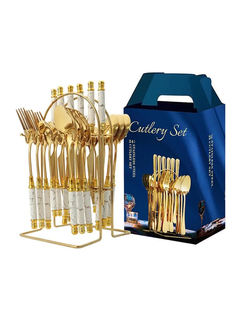 Axyaa 24pcs Ceramic Handle Cutlery Set with Holder - Stainless Steel Knife Fork Spoon