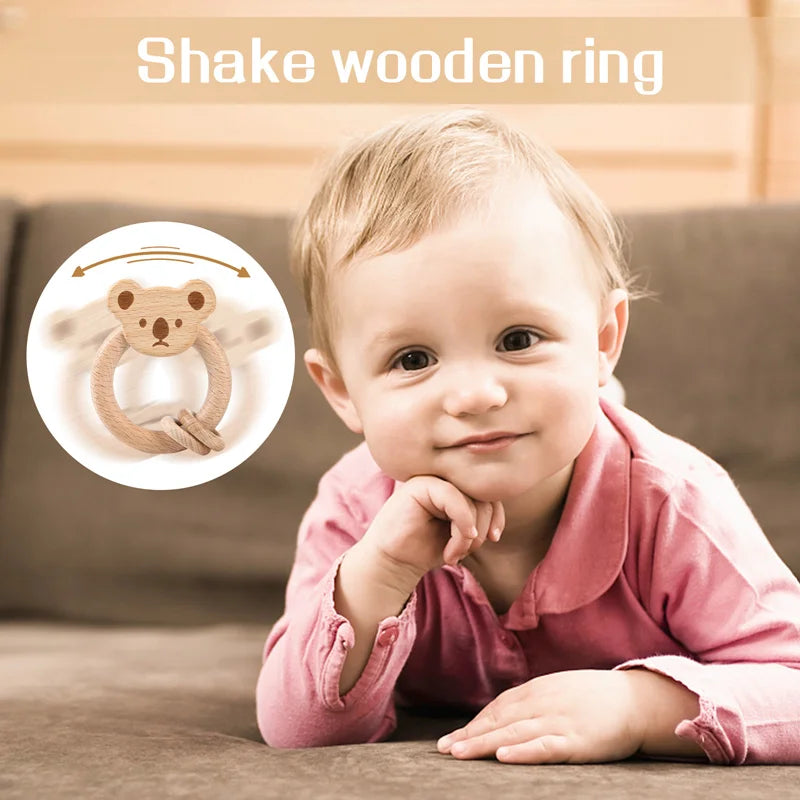 Axya Wooden Teether Stroller Toy - Natural Beech Montessori Rattle Fox Bear