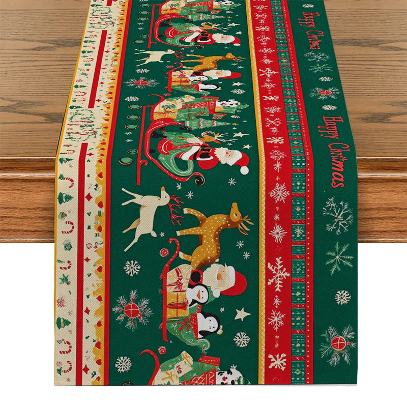 Axyaa Christmas Table Runner: Santa Deer Cart Presents Snowflakes Farmhouse Dining Decor
