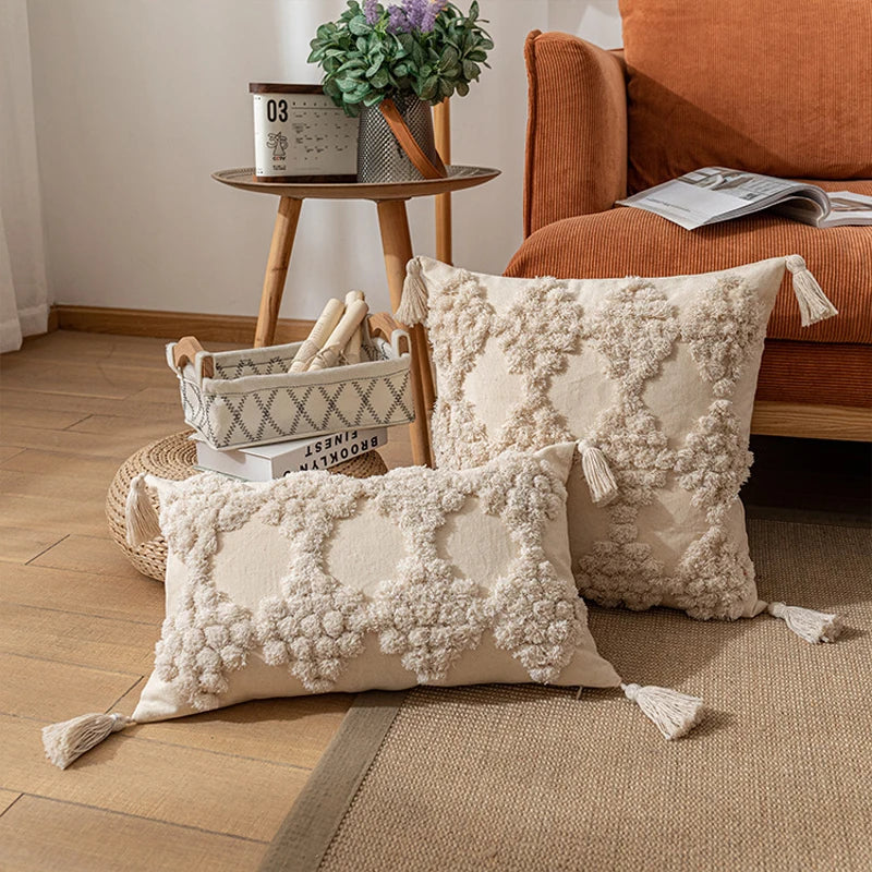 Axyaa Tufted Diamond Pattern Cushion Cover - Nordic Style Beige Yellow Tassel Pillowcase