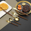 Axyaa Wood Grain Handle Gold Steak Knife and Fork Set