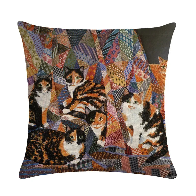 Axyaa Retro Cat Linen Pillowcase 45*45cm - Home & Sofa Decoration