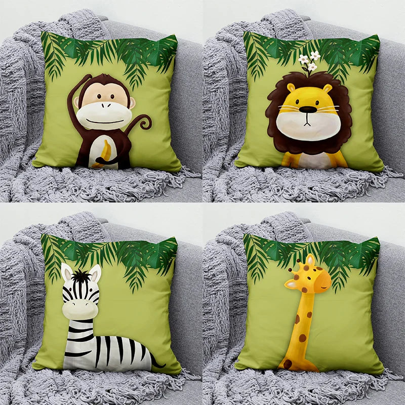 Axyaa Jungle Green Leaf Animal Print Pillowcase for Home Decor