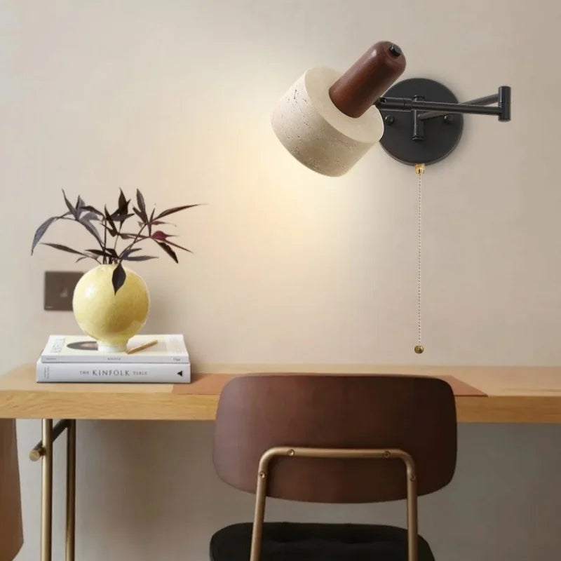 Axyaa Nordic Minimalism LED Wall Light Yellow Travertine Swing Arm Pull Chain Switch