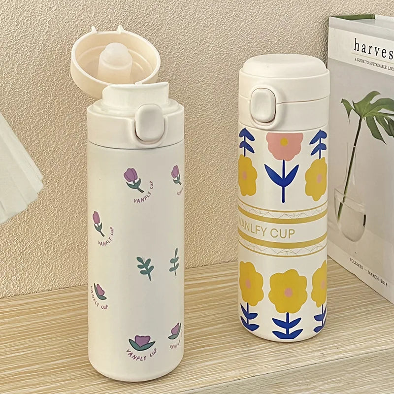Axyaa Cartoon Tulip Thermos Cup with Straw, Leak-Proof Travel Water Bottle