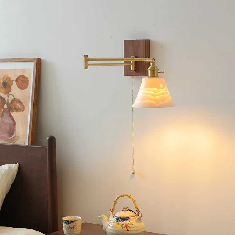 Axyaa Walnut Ceramic LED Wall Lamp with Copper Arm, Rotate, Pull Chain Switch