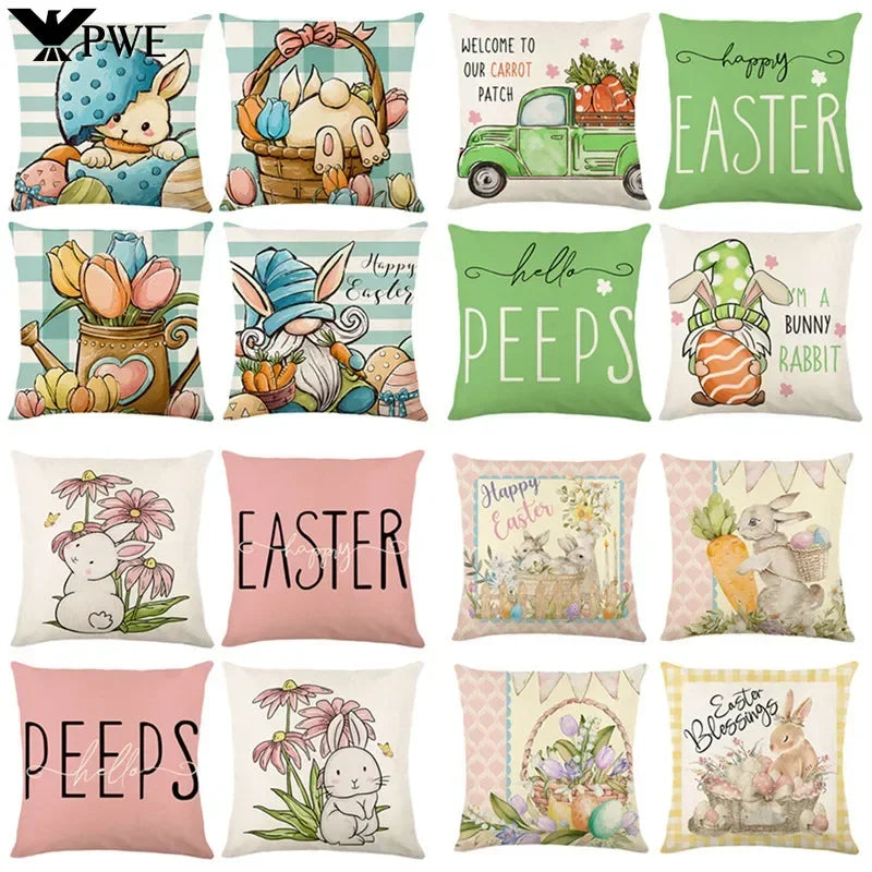Easter Bunny Eggs Pillowcase 45x45cm Linen Pillow Covers, Axyaa Home Decor Brand