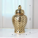 Axyaa Gold Ceramic Temple Jar with Lid, Home Decorative Vase, Hollow Storage Jar