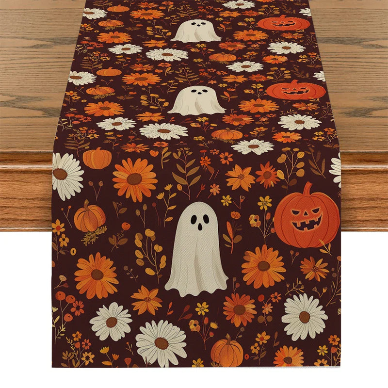 Axyaa Cute Ghost Chrysanthemum Table Runner - Halloween Party Decor and Dresser Table Accent