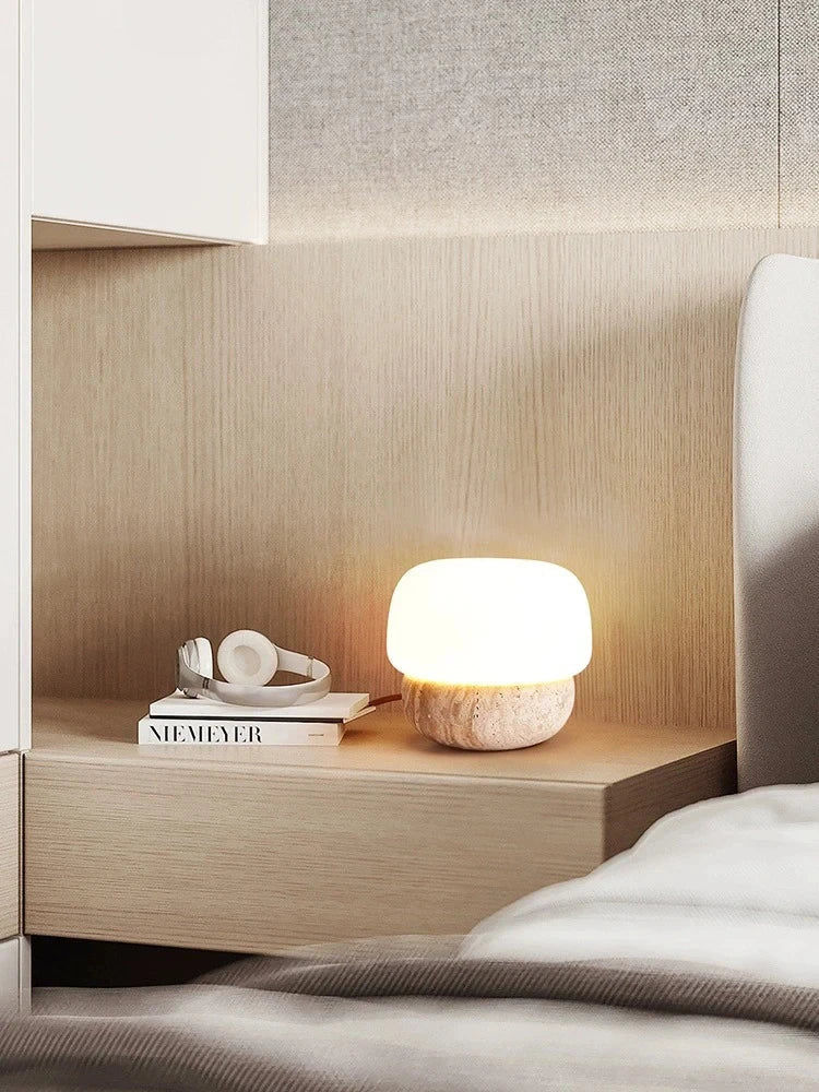 Axyaa Travertine Mushroom LED Floor Lamp - Natural Yellow Stone Lighting