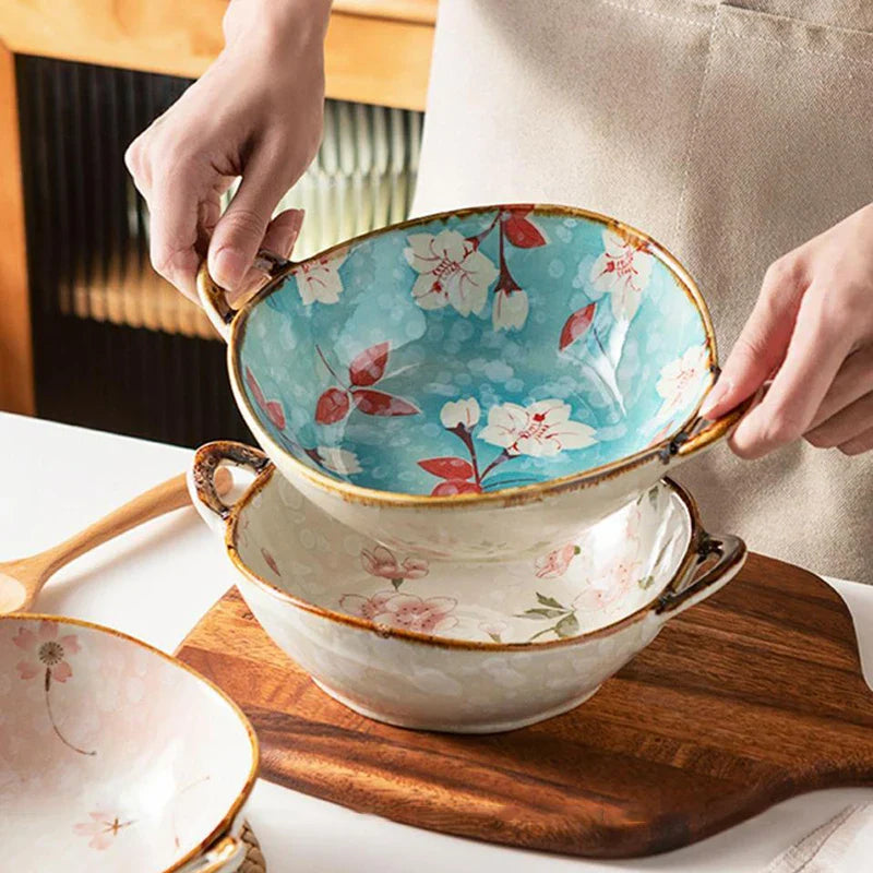 Axya 700ml Japanese Flowers Noodle Bowl - Ceramic Soup Salad Pasta Kitchen Tableware