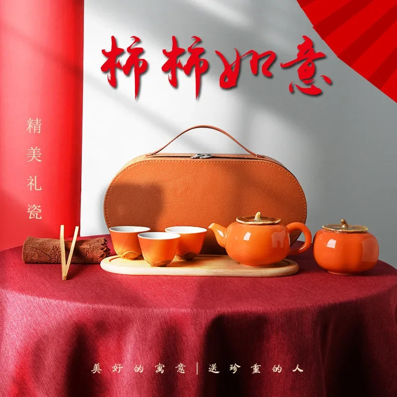 Axya Ceramic Persimmon Tea Set with Travel Bag and Tray