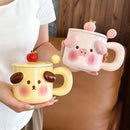 Axyaa Kawaii Big Ears Ceramic Mug with Lid, Spoon | Cartoon Cute Girl Coffee Cup